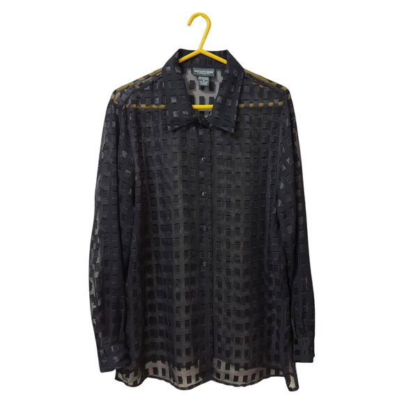 Notations Clothing Co. Black Semi Sheer Checkered Button-Up Blouse Size XL Top - Picture 1 of 7